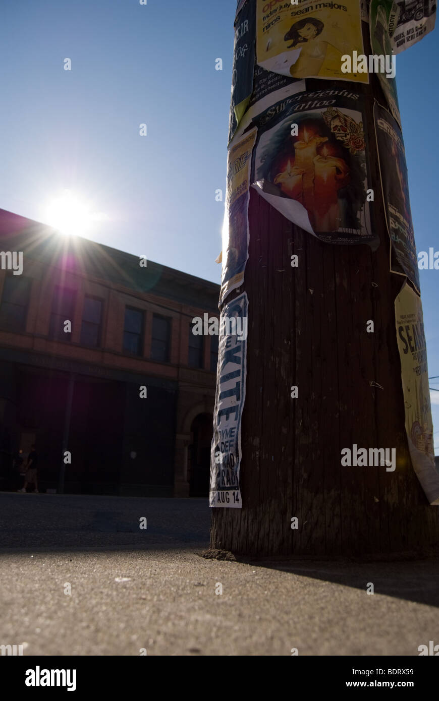 A utility pole with flyers in the Georgetown neighborhood of Seattle, Washington. Stock Photo