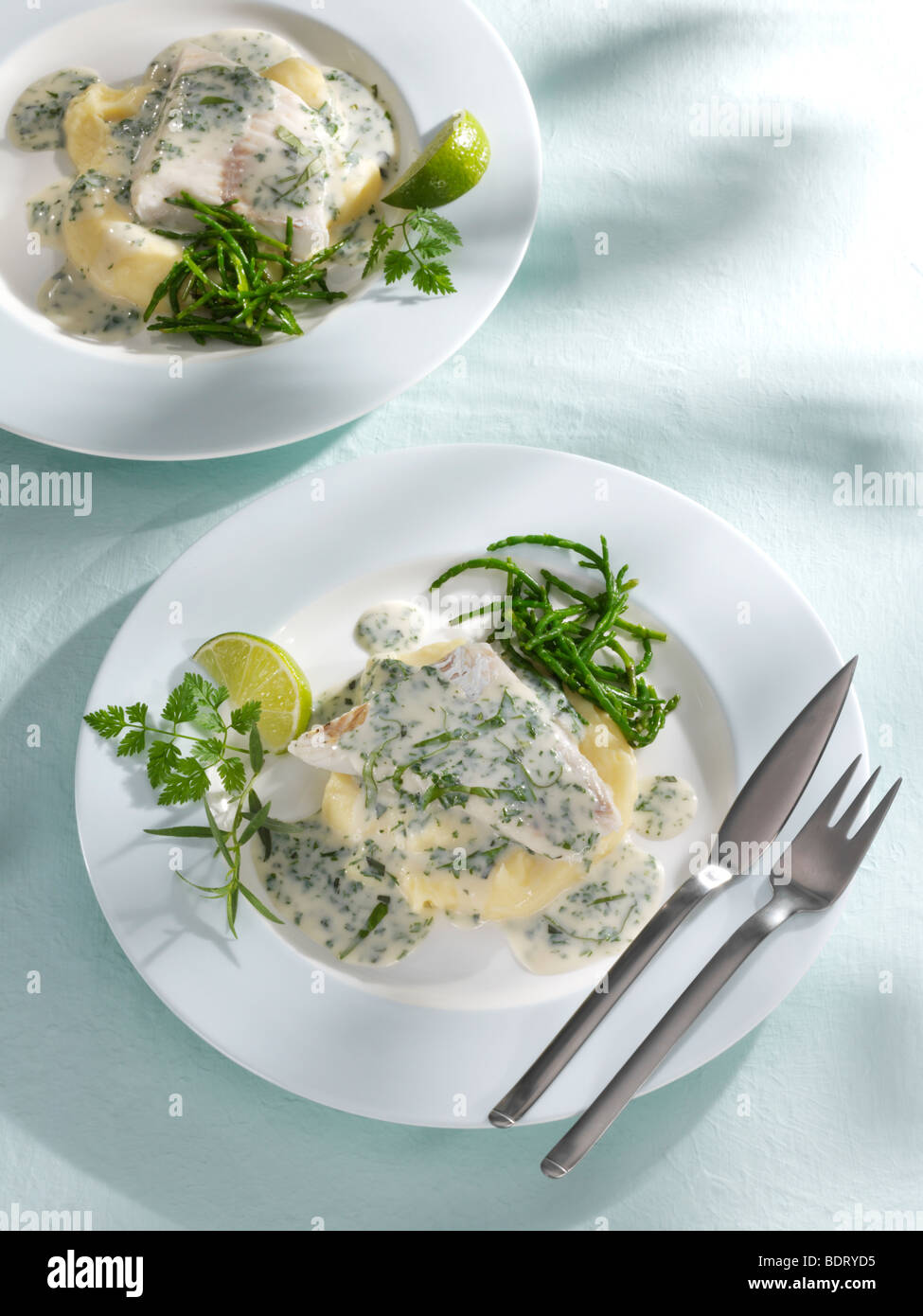 Two plates of pike perch fillet in herb sauce with dill, lemon and fish cutlery Stock Photo