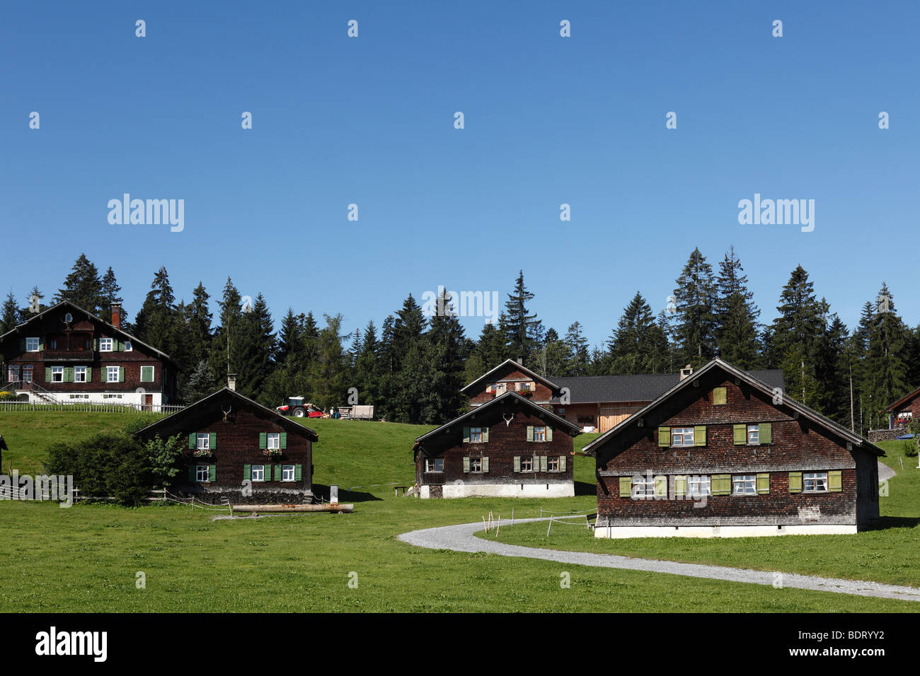 Meierei holiday village in Boedele, Bregenz Forest, Bregenzerwald, Vorarlberg, Austria, Europe Stock Photo
