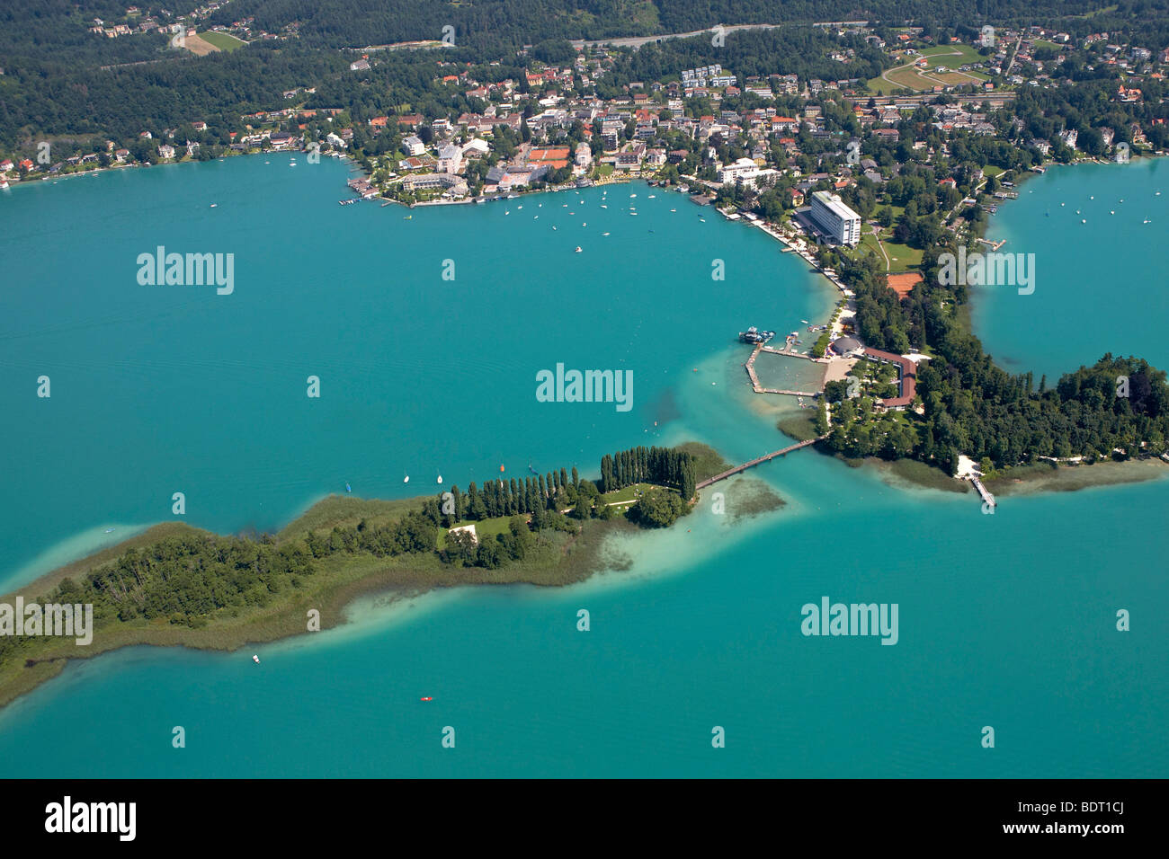Poertschach am Woerthersee, aerial photo, Snake Island, Carinthia, Austria, Europe Stock Photo