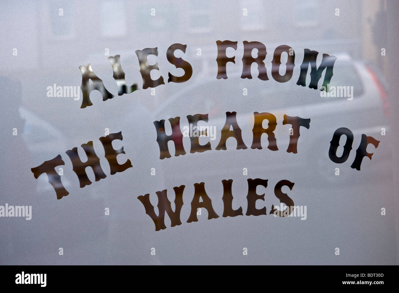 ALES FROM THE HEART OF WALES sign in pub window Brecon Powys Wales UK Stock Photo