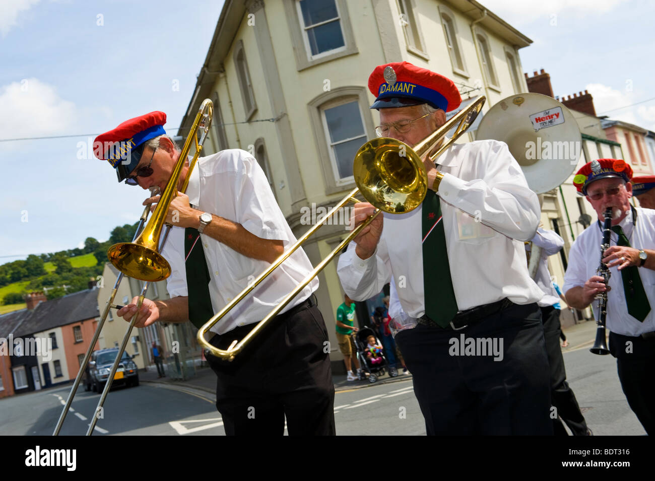 Adamant Marching Jazz Band parade through the streets during Brecon