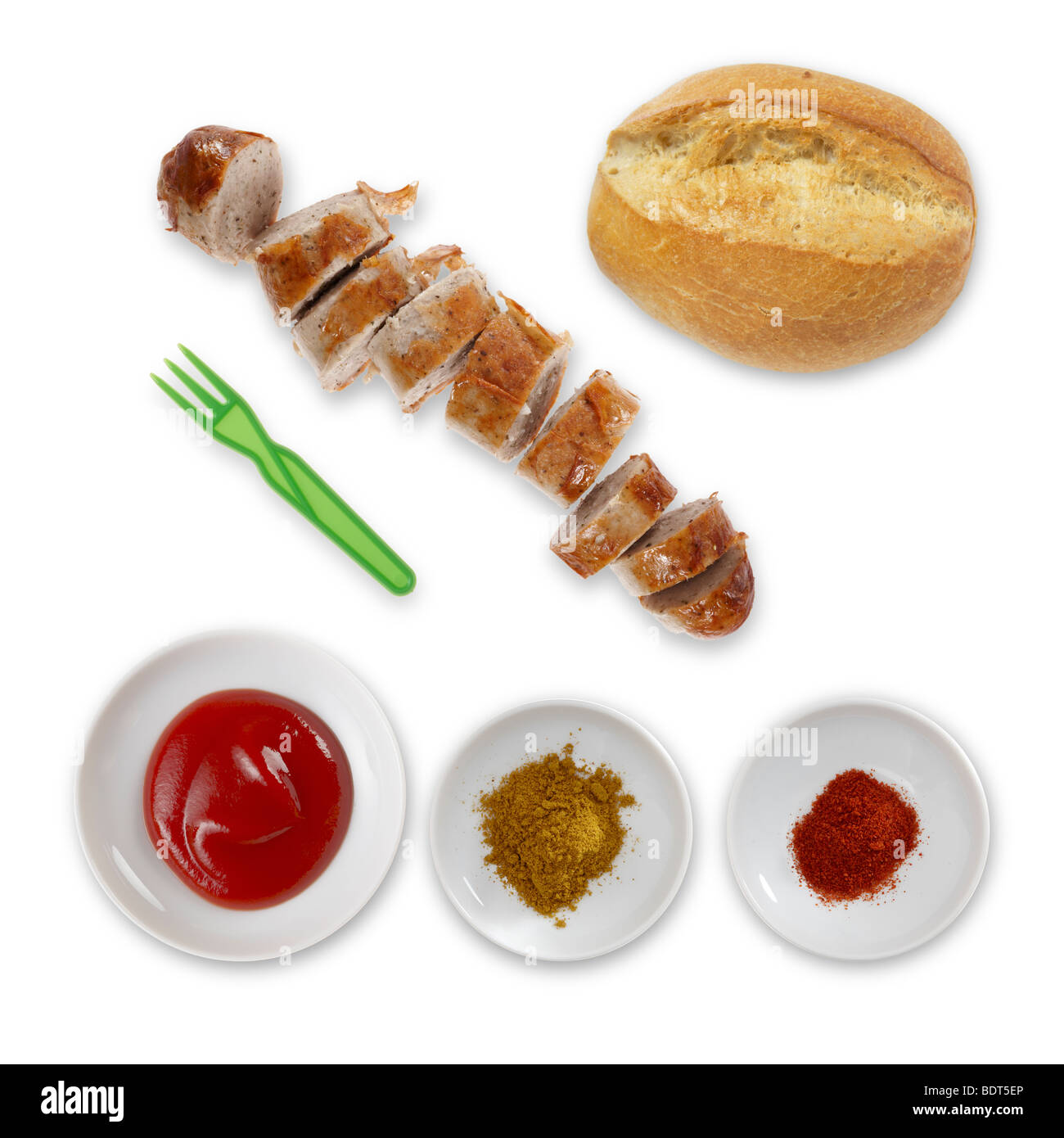 Currywurst, Zutaten, Wurst, Ketchup, Curry, Cayennepfeffer, Broetchen, Bread, Sausage Stock Photo