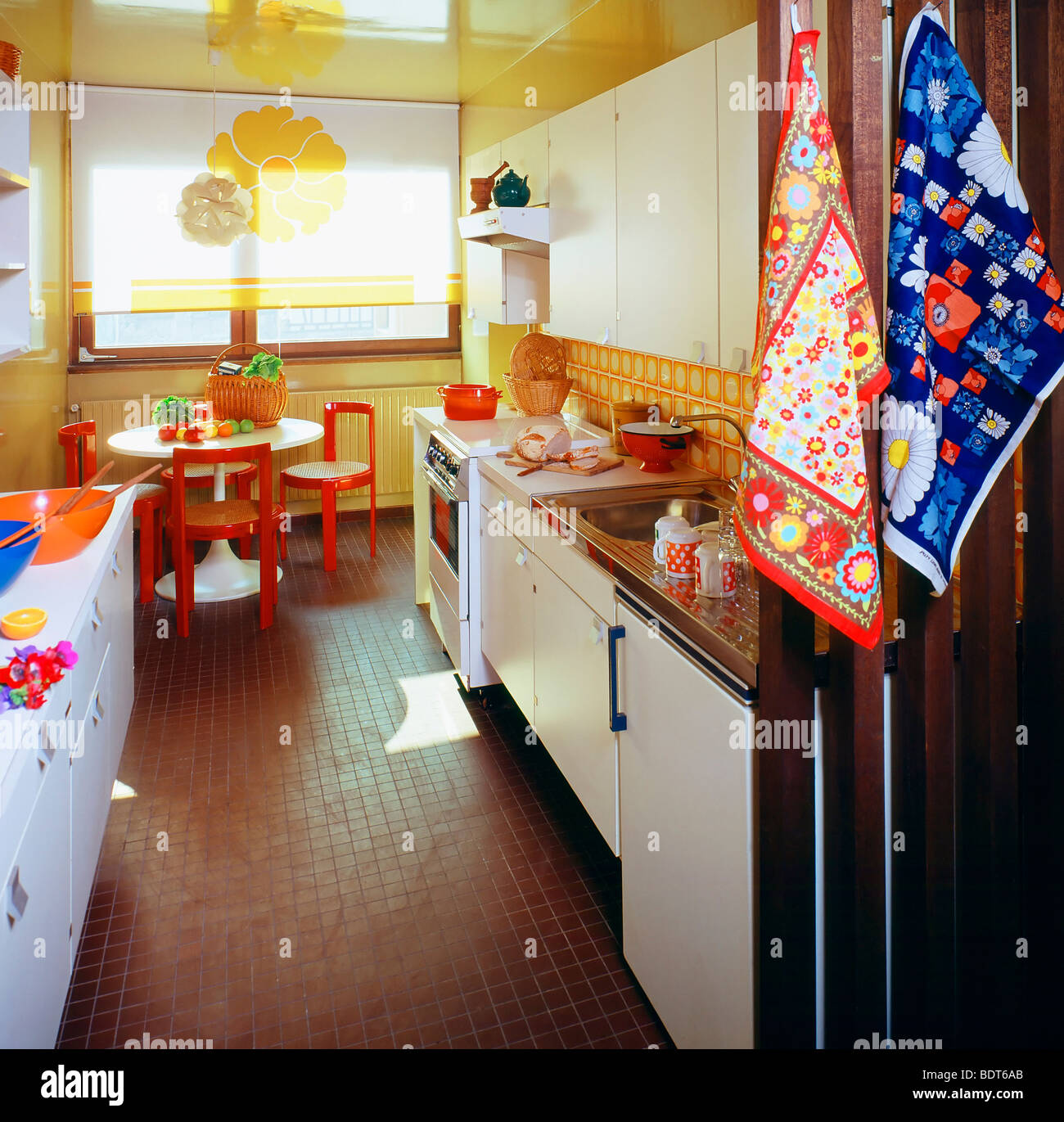 1970's White and yellow kitchen, France, Europe Stock Photo