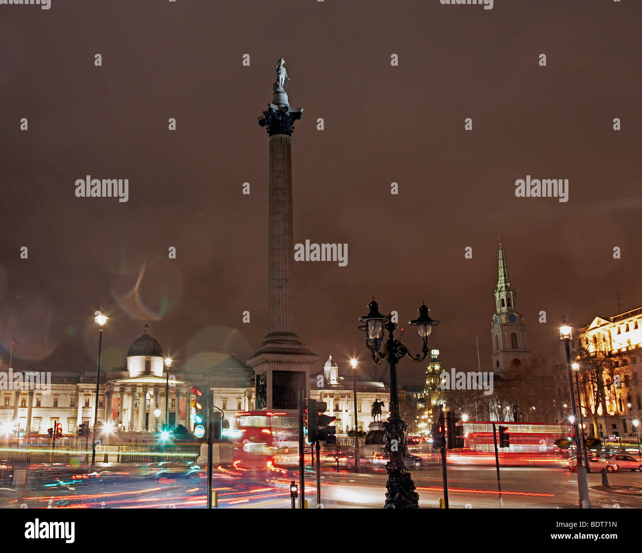 long exposure image of Nelson's Column and The National Gallery and Tralfagar Square Stock Photo