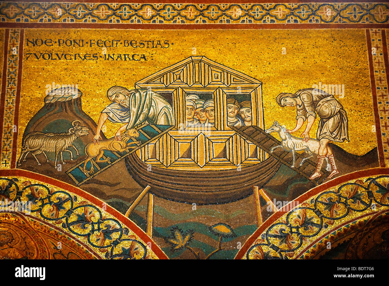 Byzantine mosaics in the Cathedral of Monreale - Noah letting the animals out - Palermo - Sicily Stock Photo