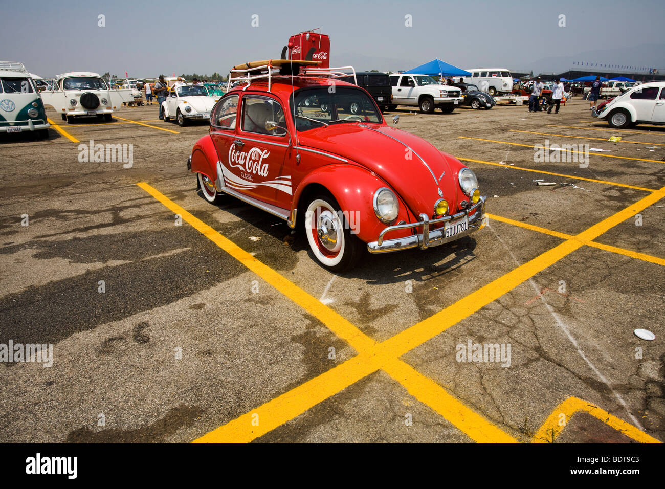 VW Beetle with Coca Cola logo, Pomona Swap Meet for the antique auto enthusiast, Stock Photo