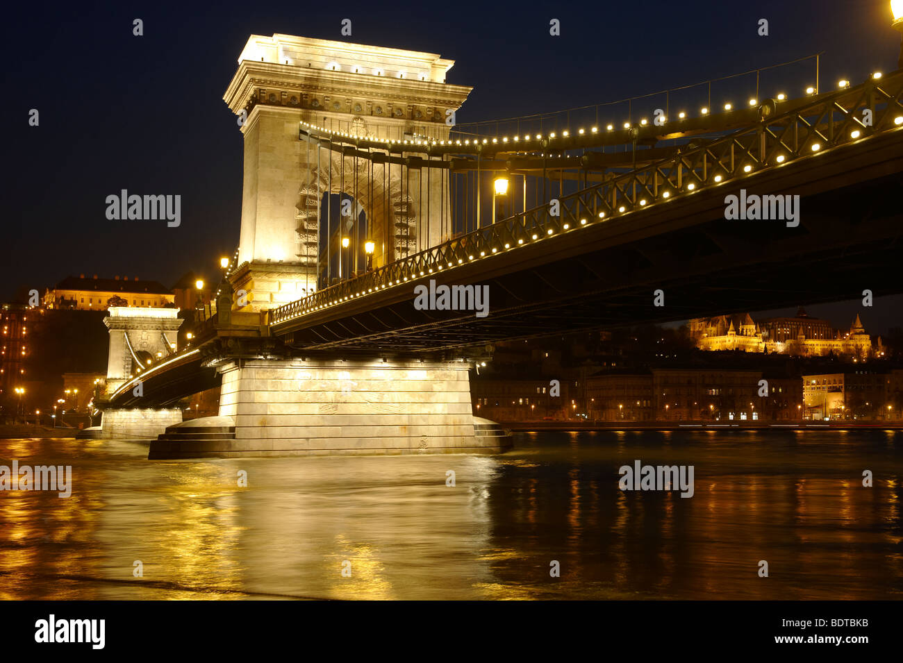 Chain Bridge at night Budapest Danube - Lanchid Stock Photo