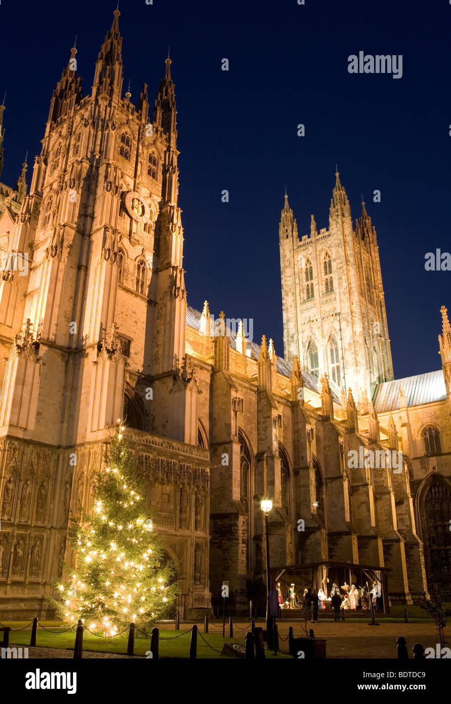Canterbury Cathedral with Christmas tree ai night in Kent, UK Stock
