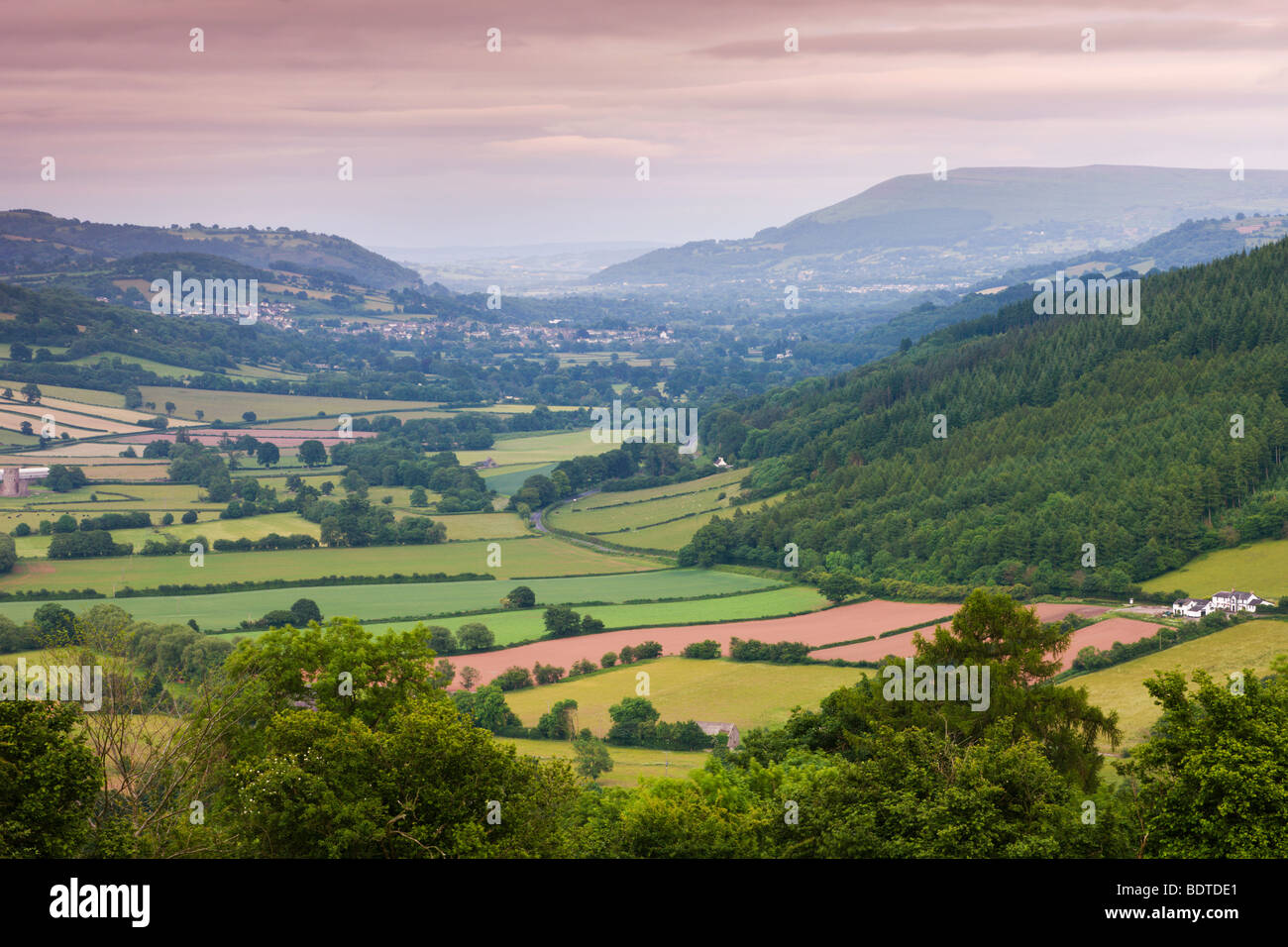 Rolling countryside in the Usk Valley looking towards Crickhowell, Brecon Beacons National Park, Powys, Wales Stock Photo