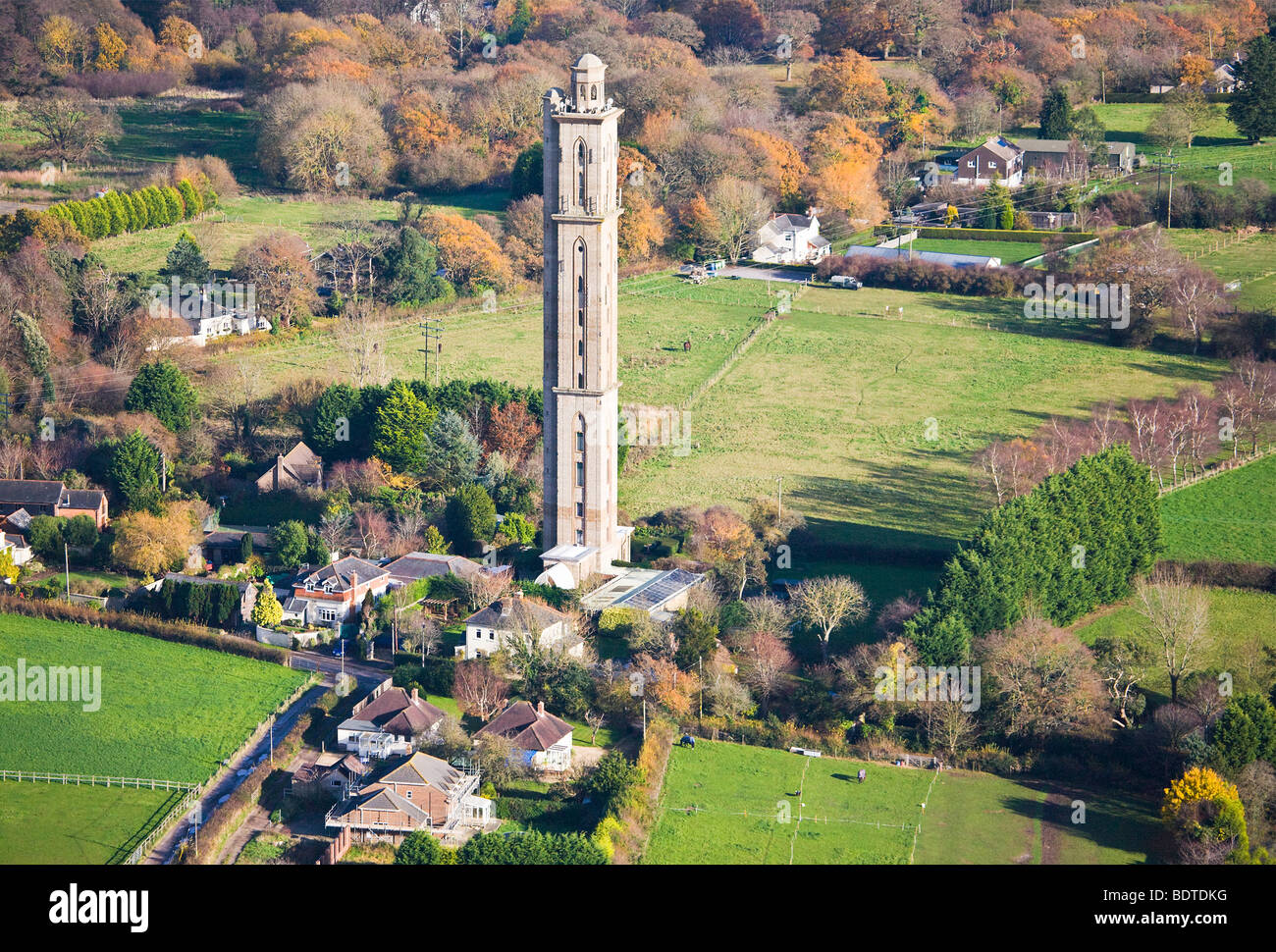 Aerial view of Sway Folly Tower, also known as Peterson's Folly.  Sway, Hampshire. UK.  Autumn. Stock Photo