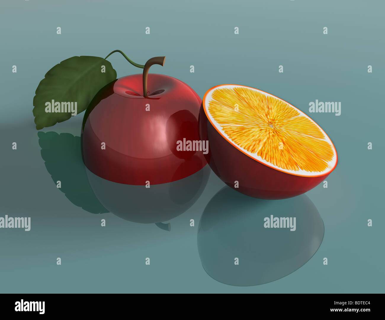 Illustration of a genetically engineered apple with the juice of an orange Stock Photo