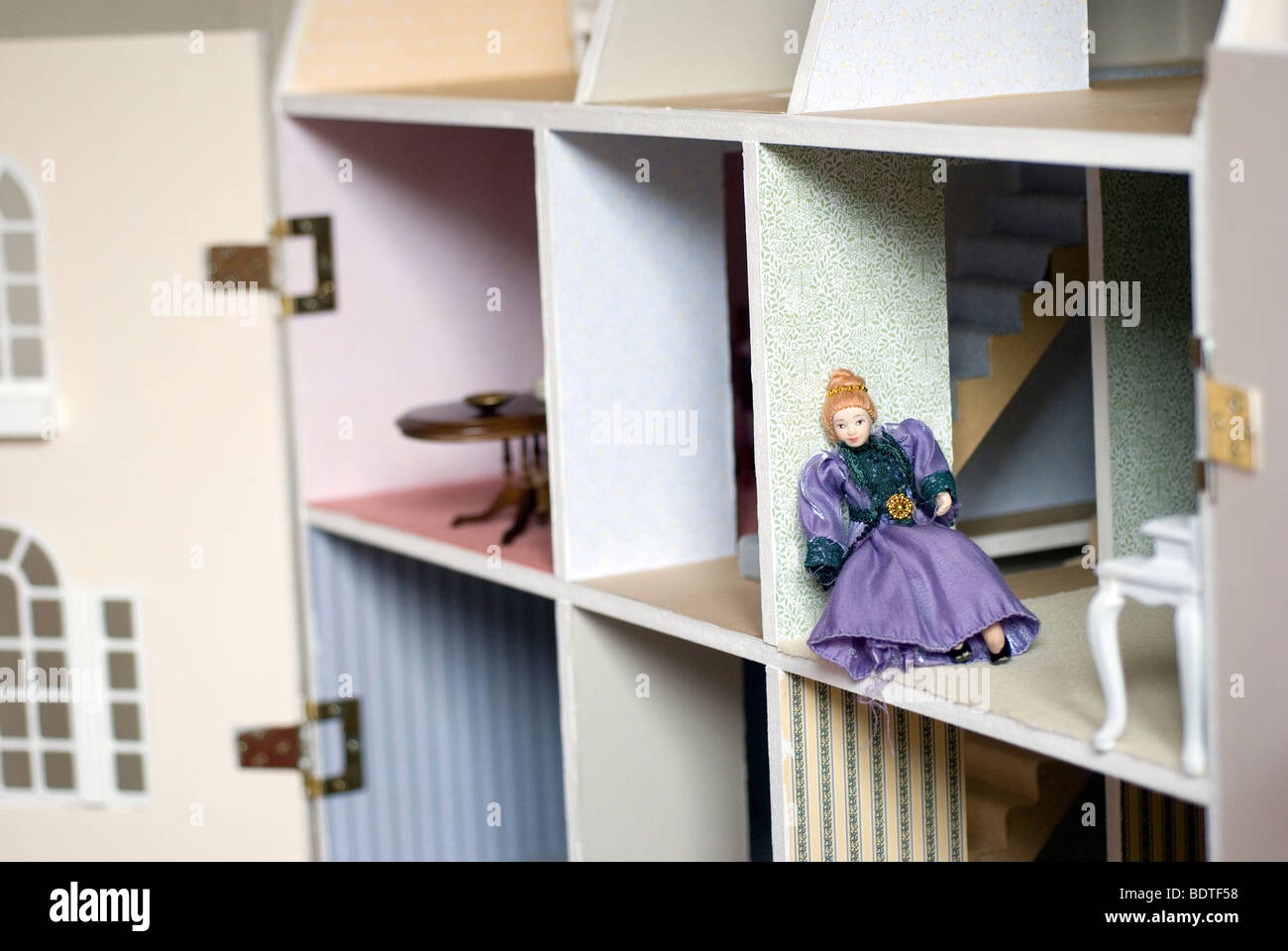 interior of dolls house, doll, steps, work, mother, stairs, broom