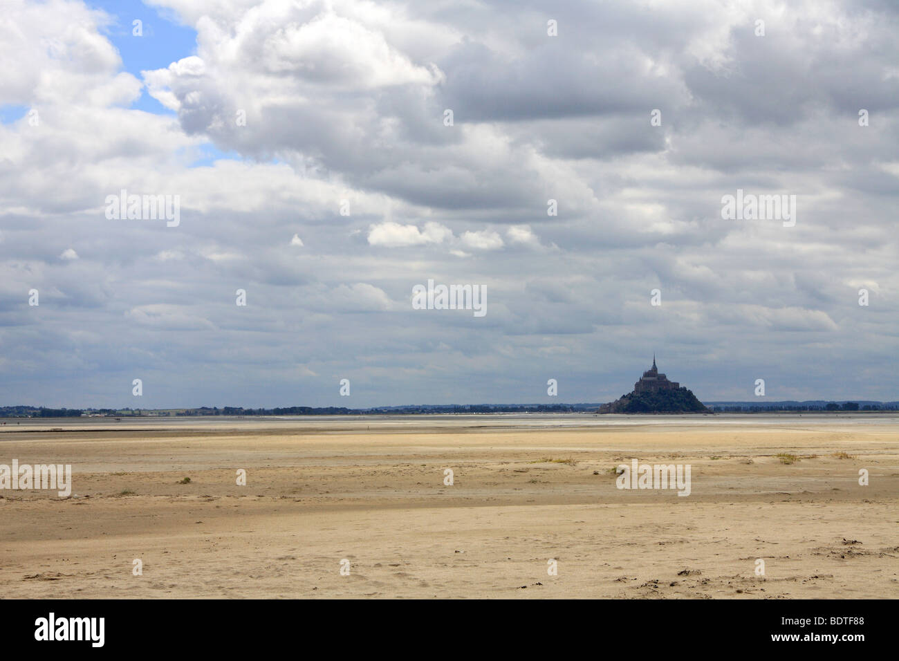 View of Le Mont St Michel from across the bay at Bec d'Andaine at Genêts Normandy France, Stock Photo