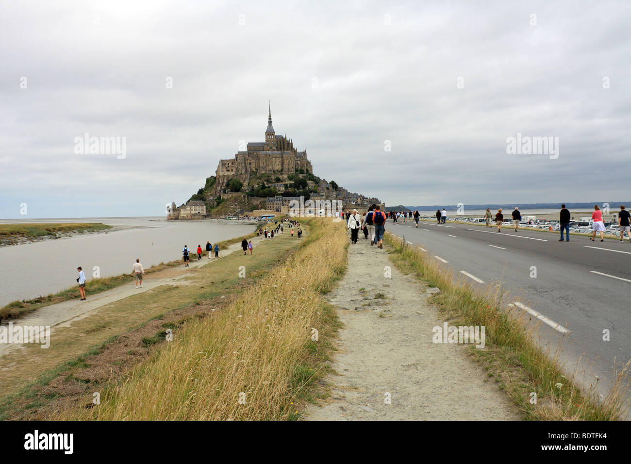 The causeway leading to Le Mont St Michel Normandy France Stock Photo