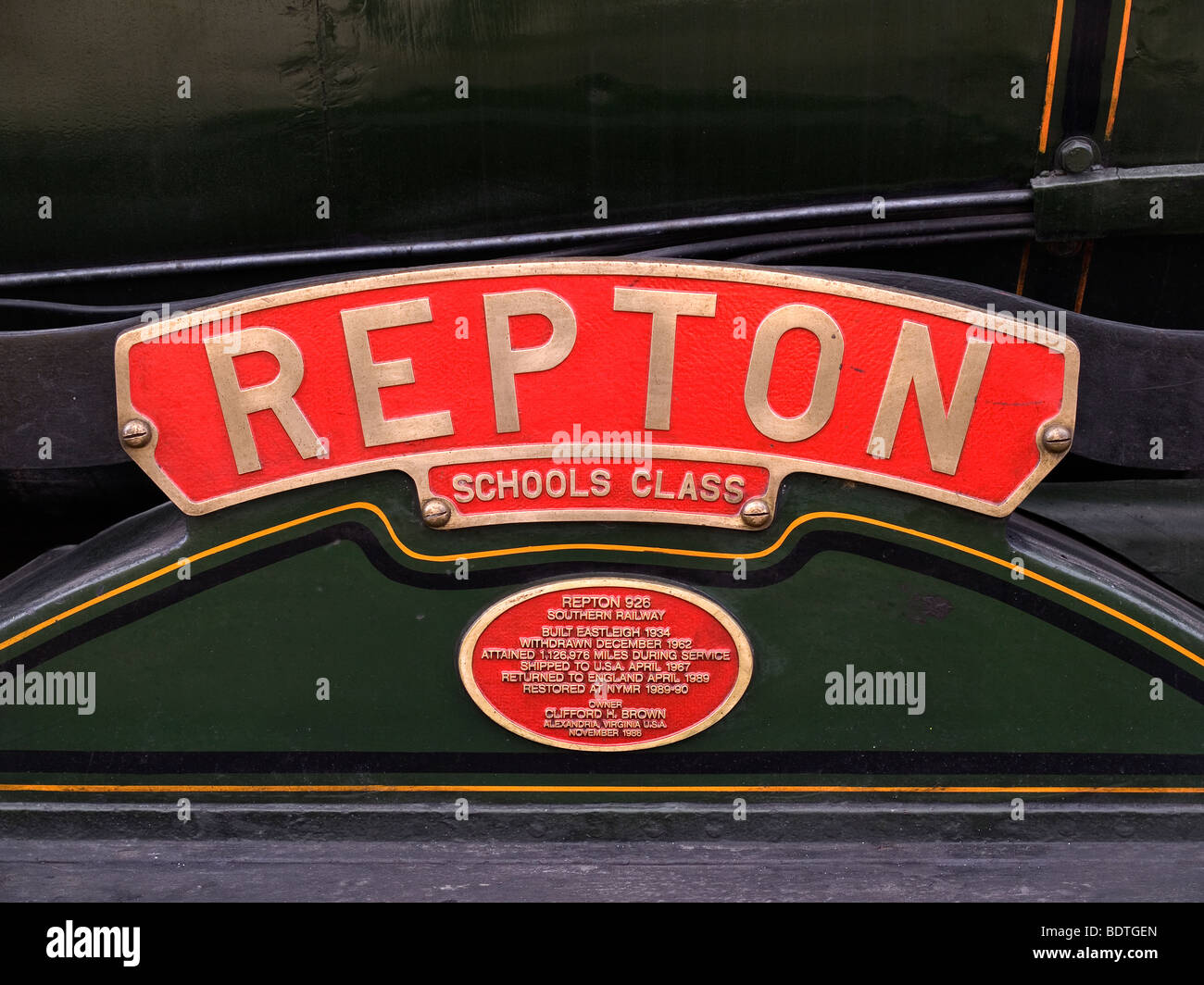 Nameplate of ex Southern Railway Schools Class steam locomotive 926 Repton at Pickering North Yorkshire Moors Railway 2009 Stock Photo