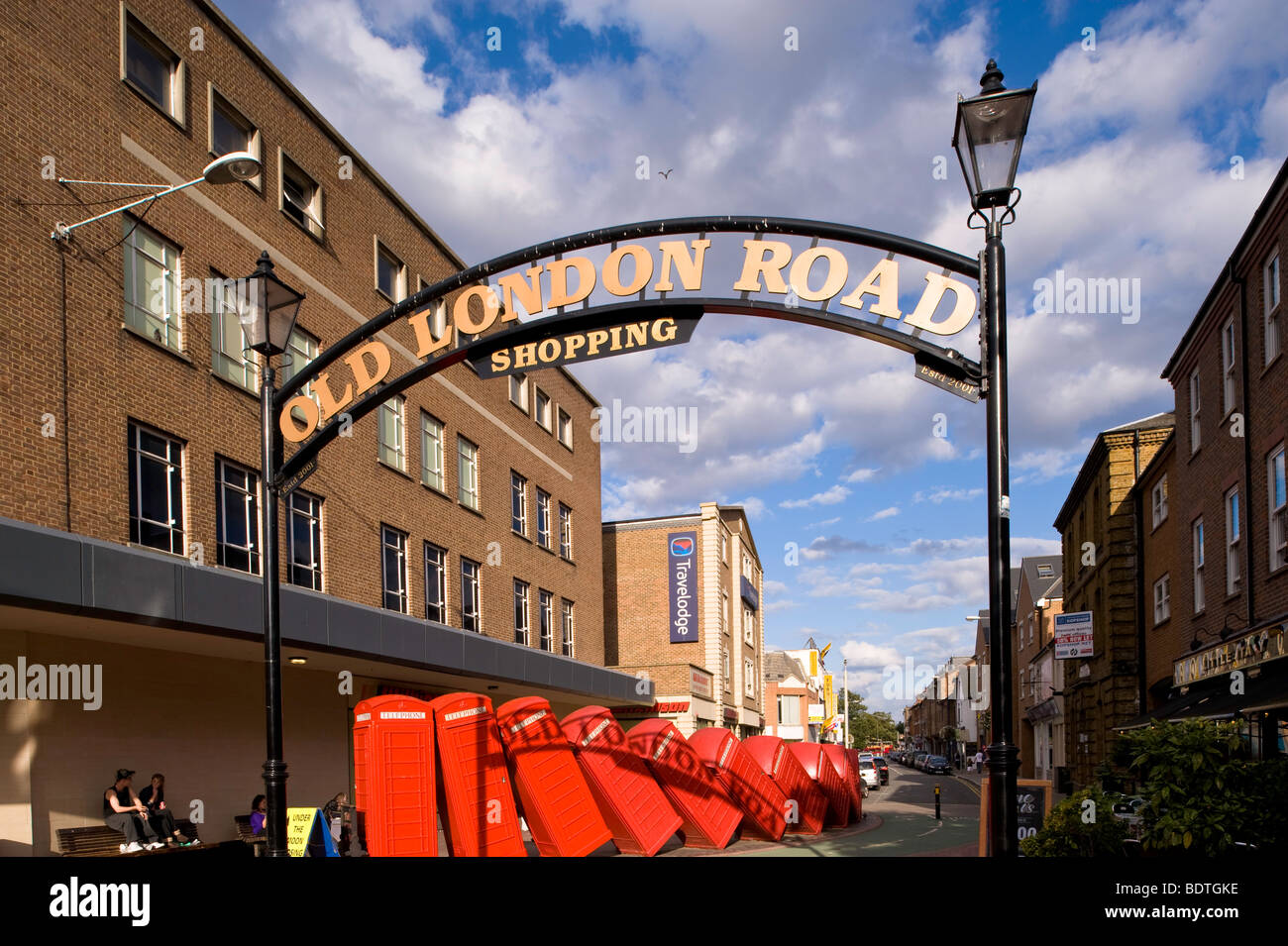 Red phone boxes on Old London Road, Kingstone upon Thames, Surrey, United Kingdom Stock Photo
