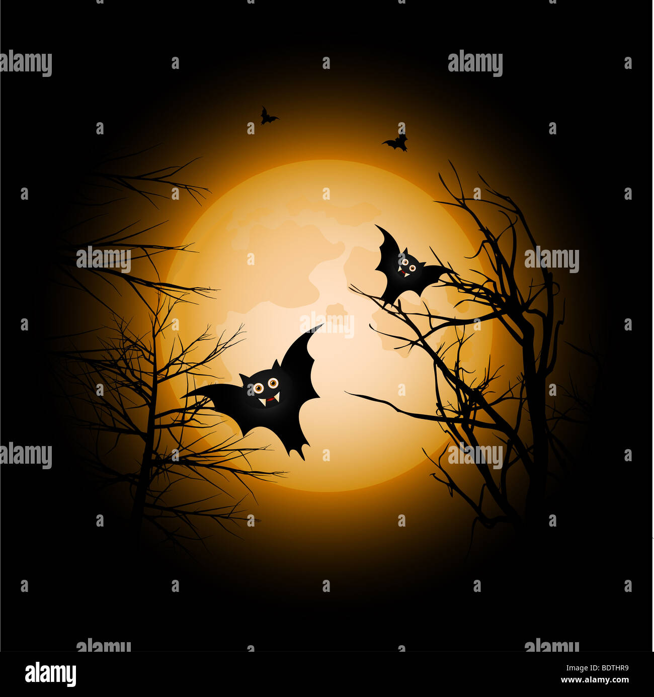 Comical Halloween bats swooping down from the sky with glowing full
