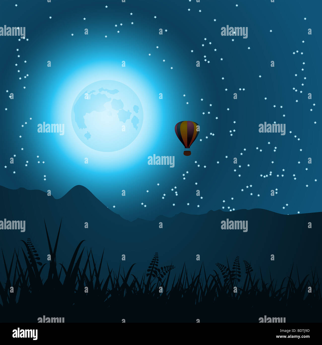 hot air balloon floating above mountains in a midnight sky with full ...