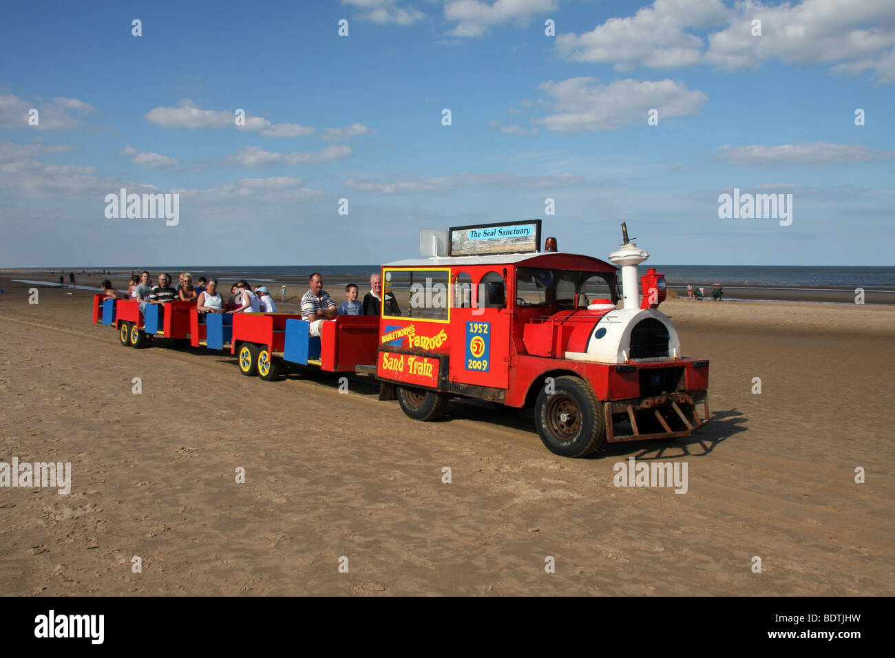 Famous Sand Train on beach at Mablethorpe, Lincolnshire Stock Photo