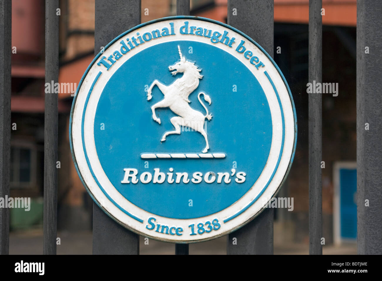 Robinson's Brewery Sign on the Brewery Gates, Stockport, Manchester Stock Photo
