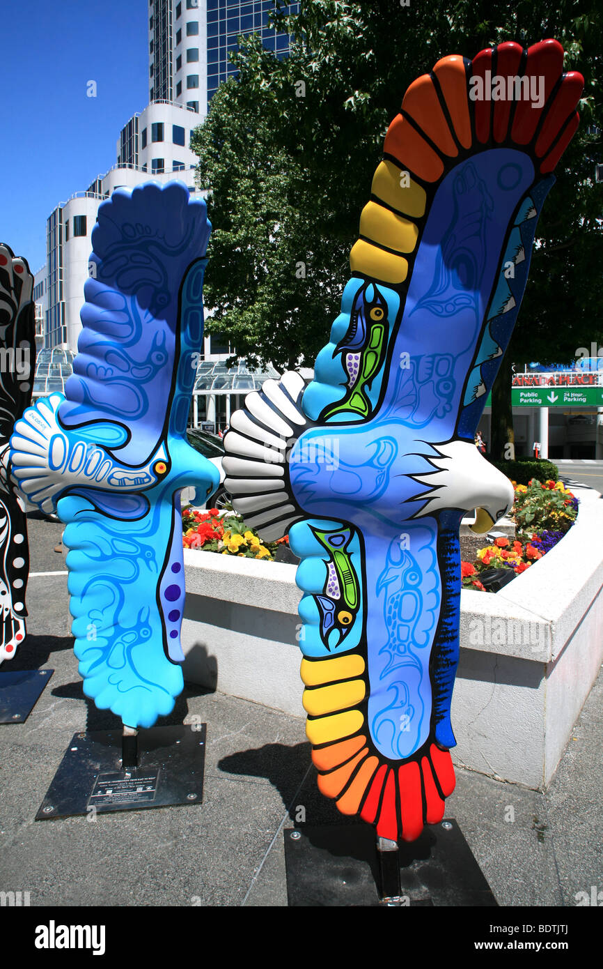 Eagles art statues on display Downtown Vancouver British Columbia