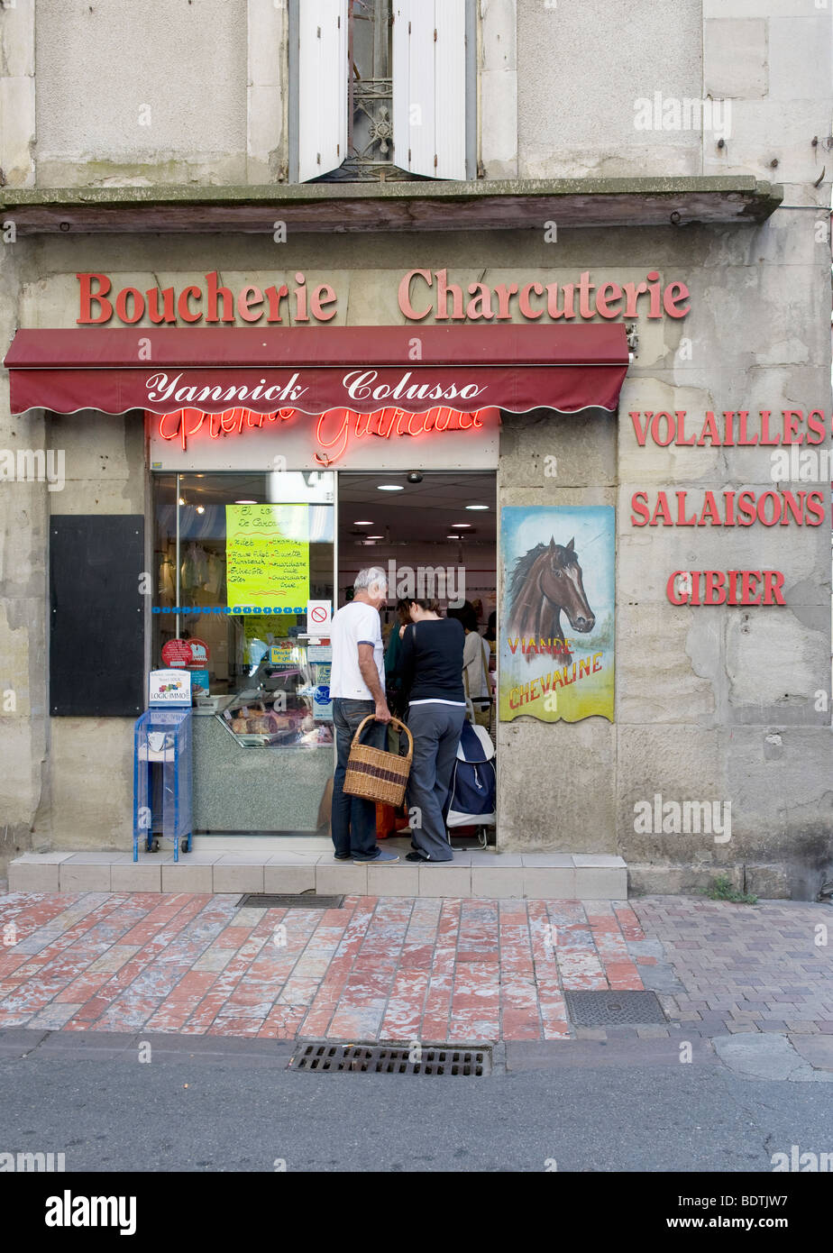 Horse butchers in Carcassonne, Languedoc, France, selling horse meat