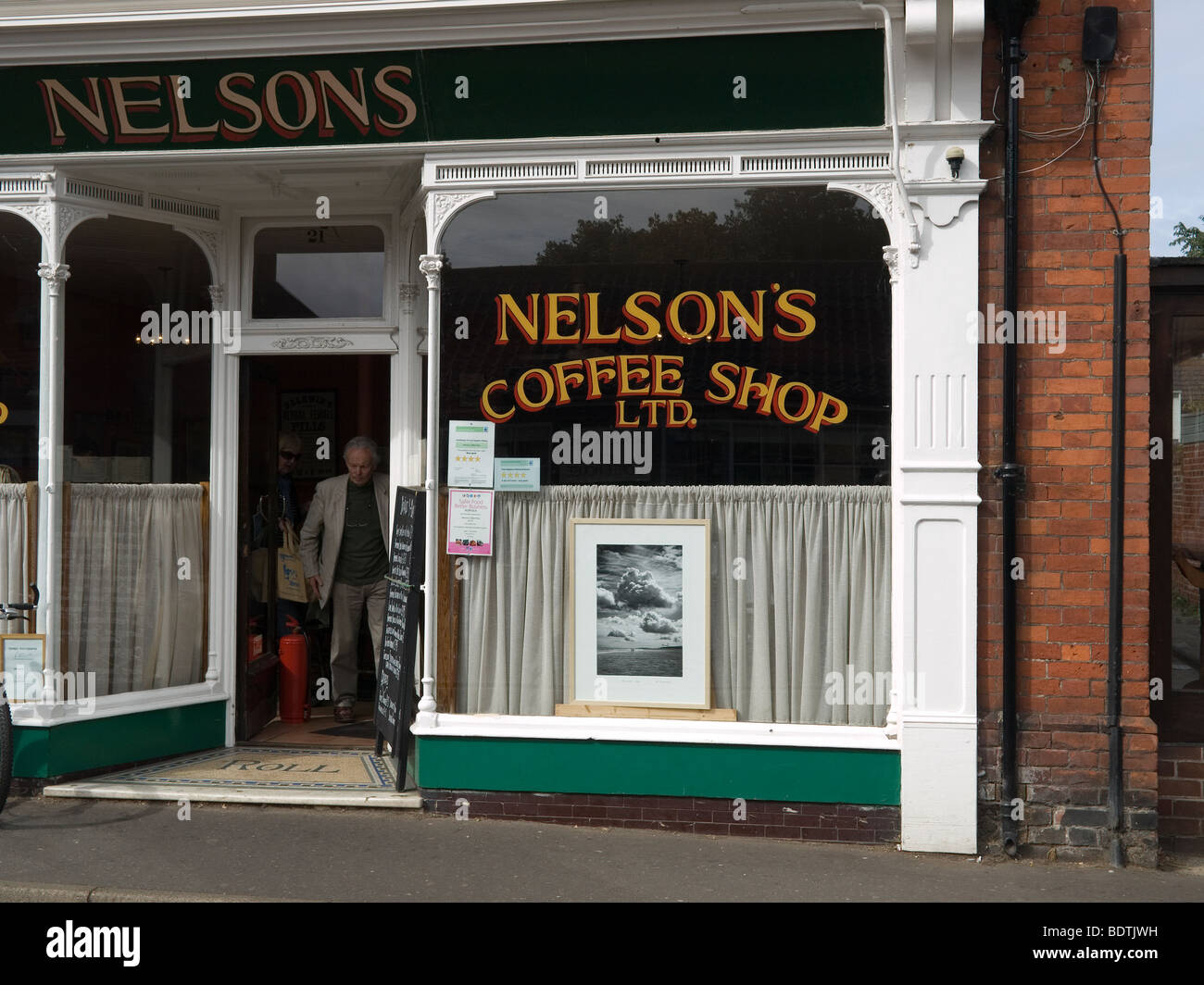 Nelson's Coffee Shop Ltd named after local hero Admiral Horatio Nelson in Staithe Street Wells next the Sea Norfolk Stock Photo