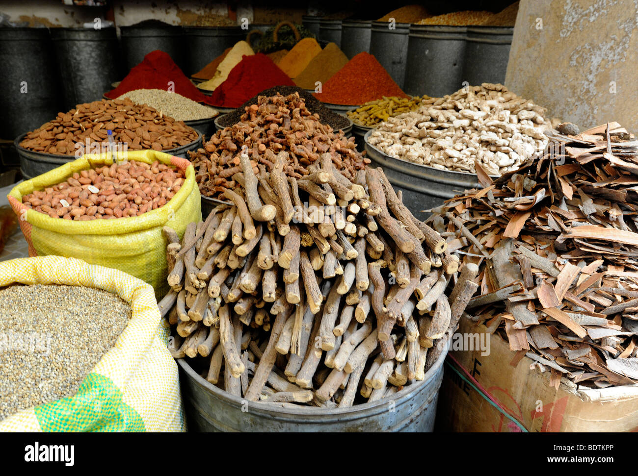 Spices in the streets at the Medina in Fes/Fez pictured on August 20, 2009 in Morocco in northern Africa Stock Photo