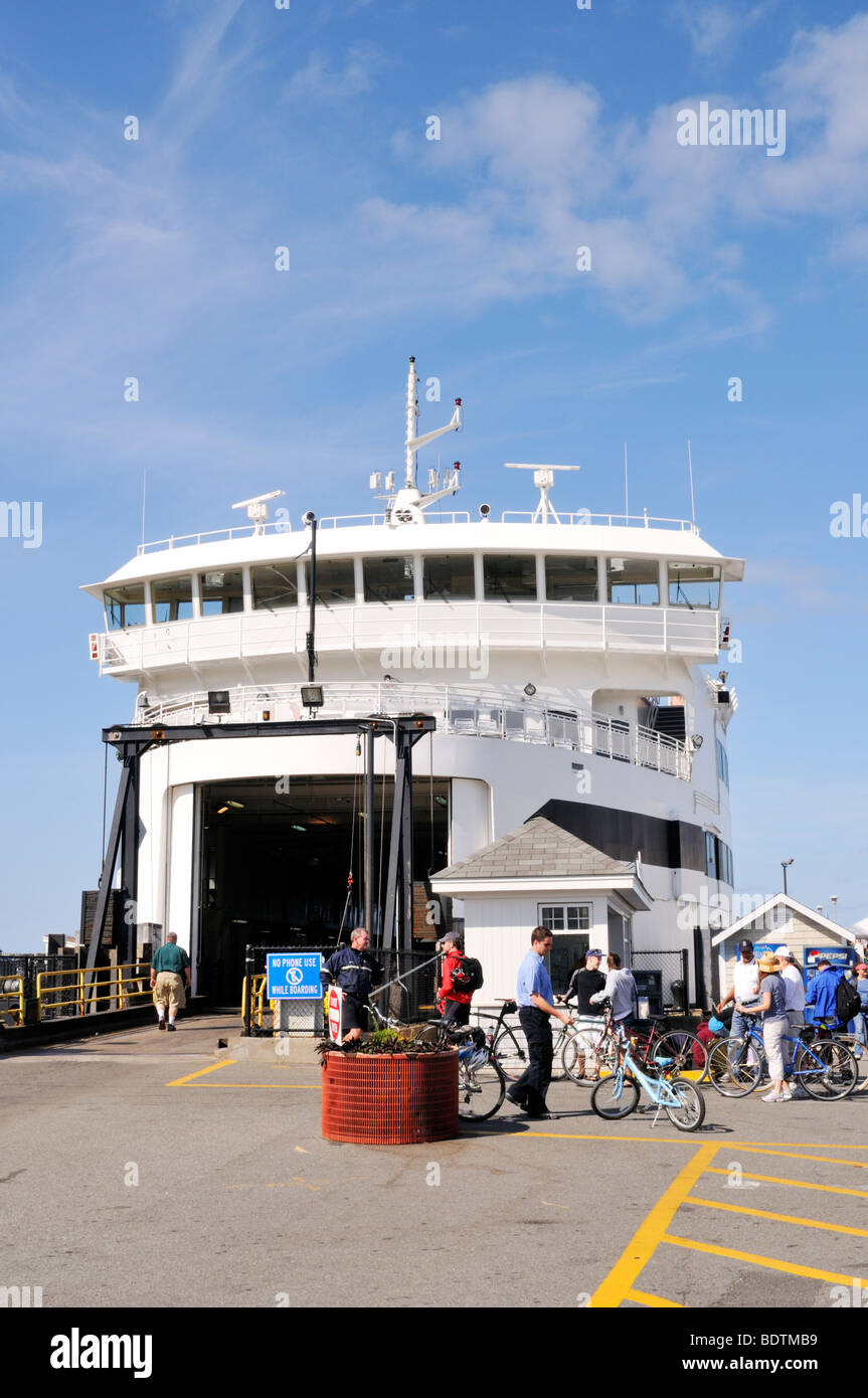 Vehicle freight doors open on the Steamship Authority ferry from Woods Hole to the island Martha's Vineyard at the dock. Stock Photo