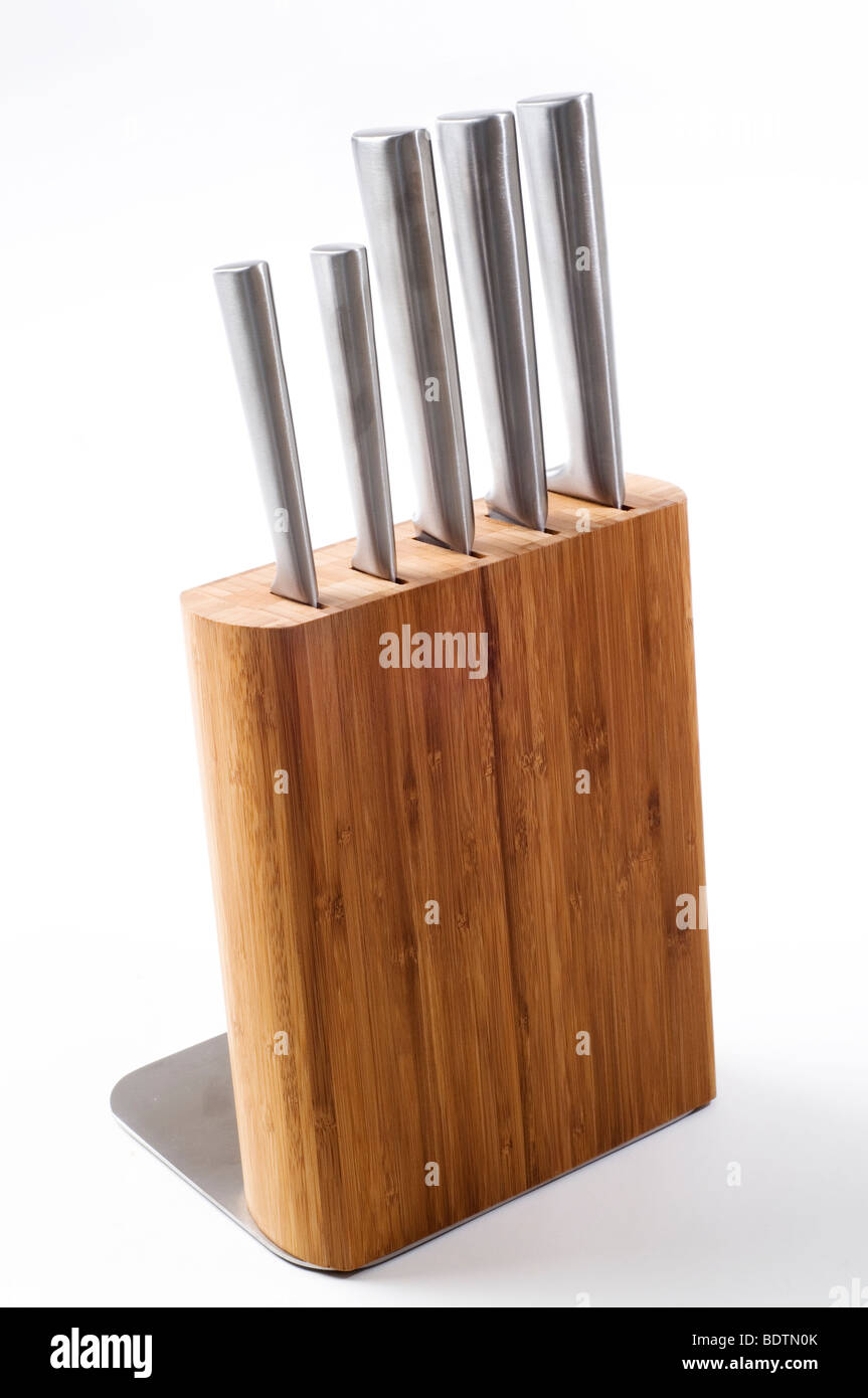 knifes in bamboo knife block Stock Photo Alamy