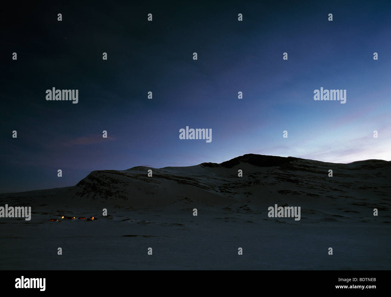 Wintry landscape by night Harjedalen Sweden. Stock Photo