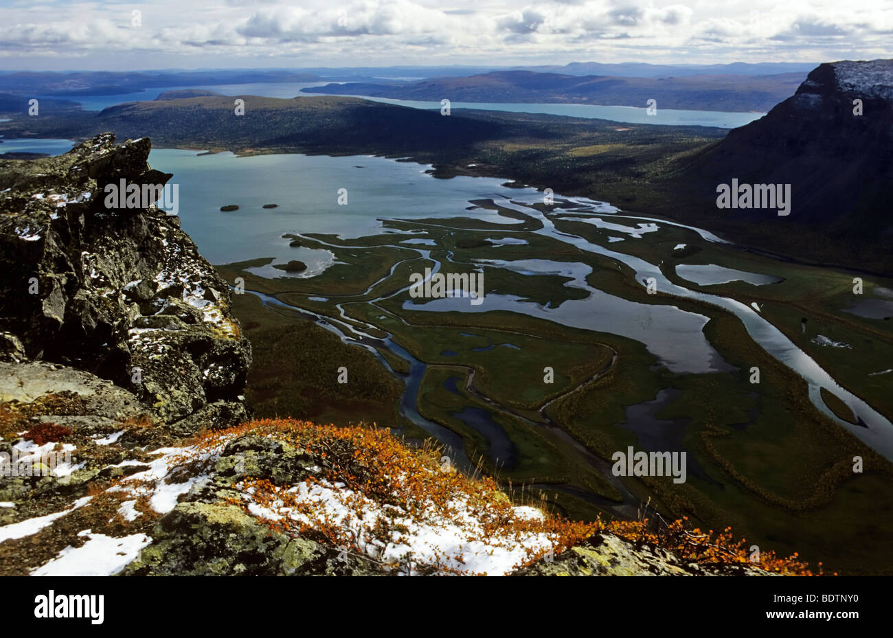 view from Mount Skierffe to the Rapadelta and the lake laitaure, lapland, sweden Stock Photo