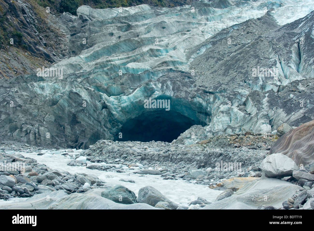 Glacier, blue ice of Franz Josef Glacier, glaciers bottom opening, Westland National Park, West Coast, South Island, New Zealand Stock Photo