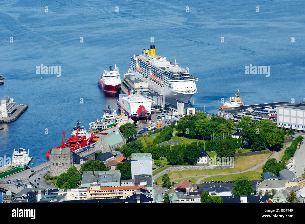 Cruise liner and Bergenhus fortress from the city hill and view point Floyen, Bergen, Norway, Europe Stock Photo