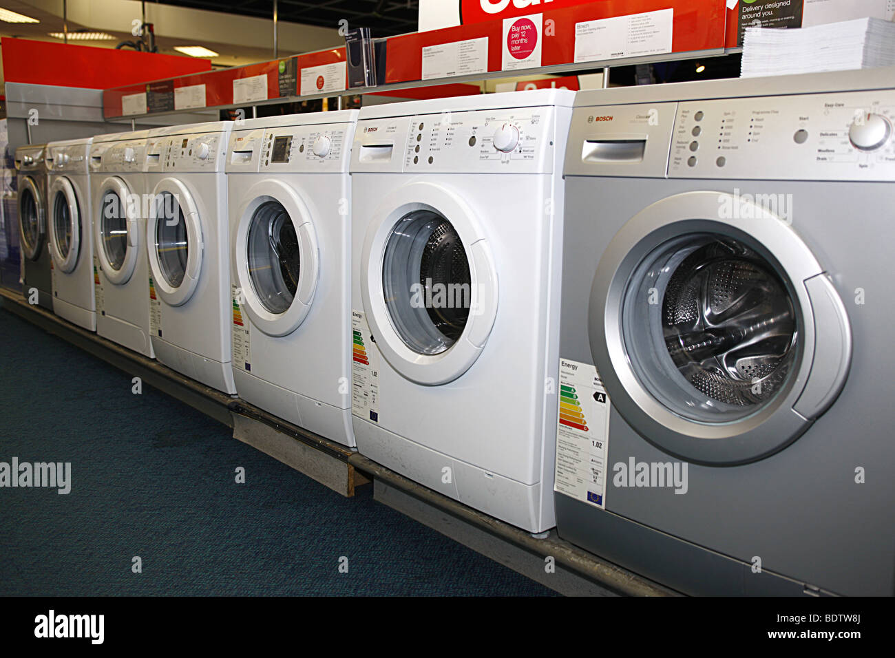 Instore image of front-loading washing machines for sale Stock Photo