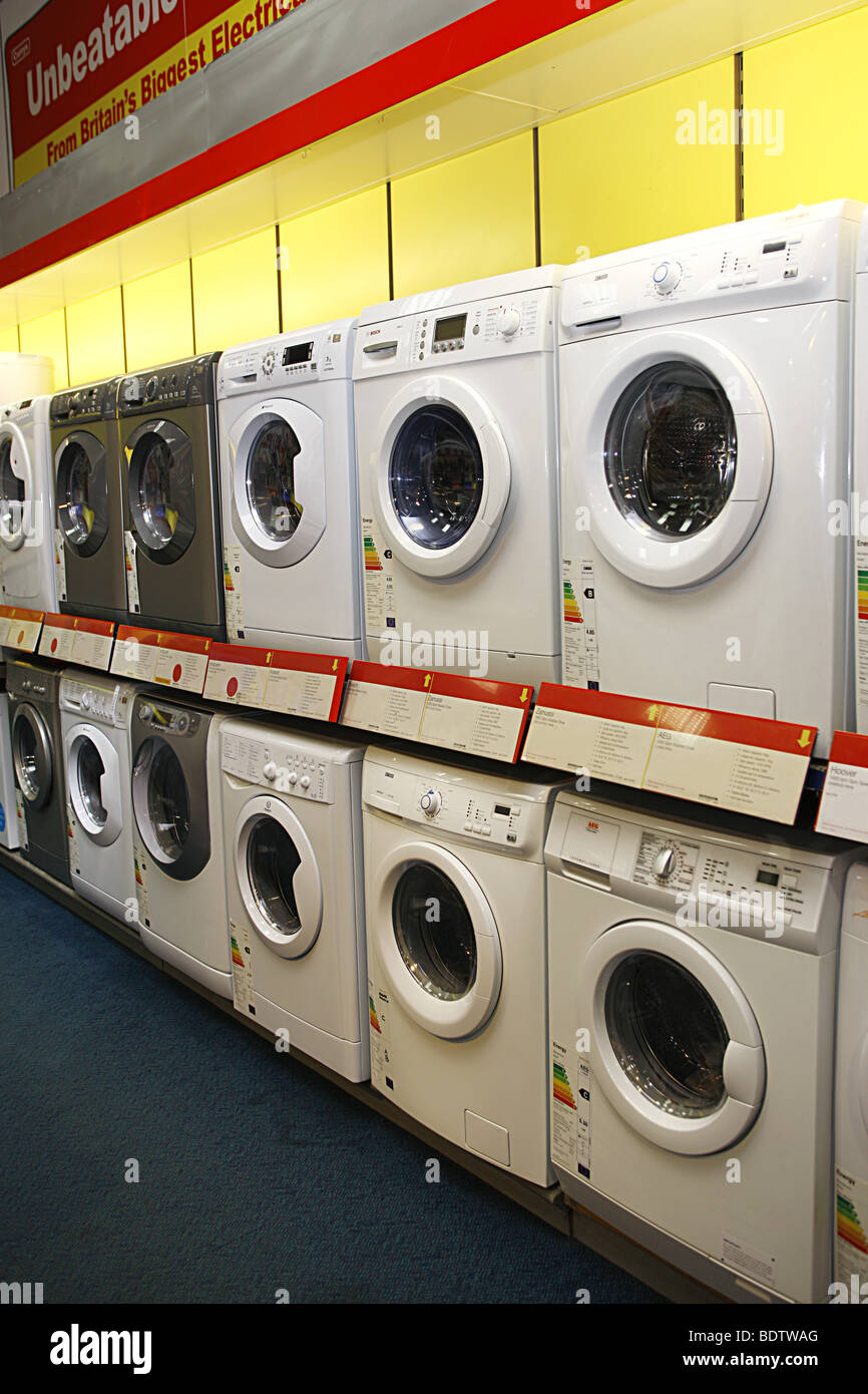 Instore image of front-loading washing machines for sale Stock Photo
