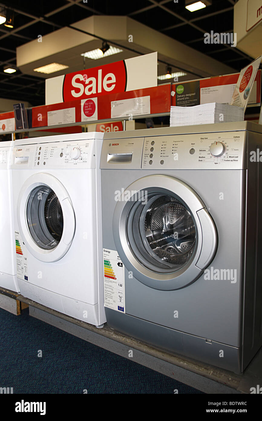 Instore image of front-loading washing machines for sale Stock Photo