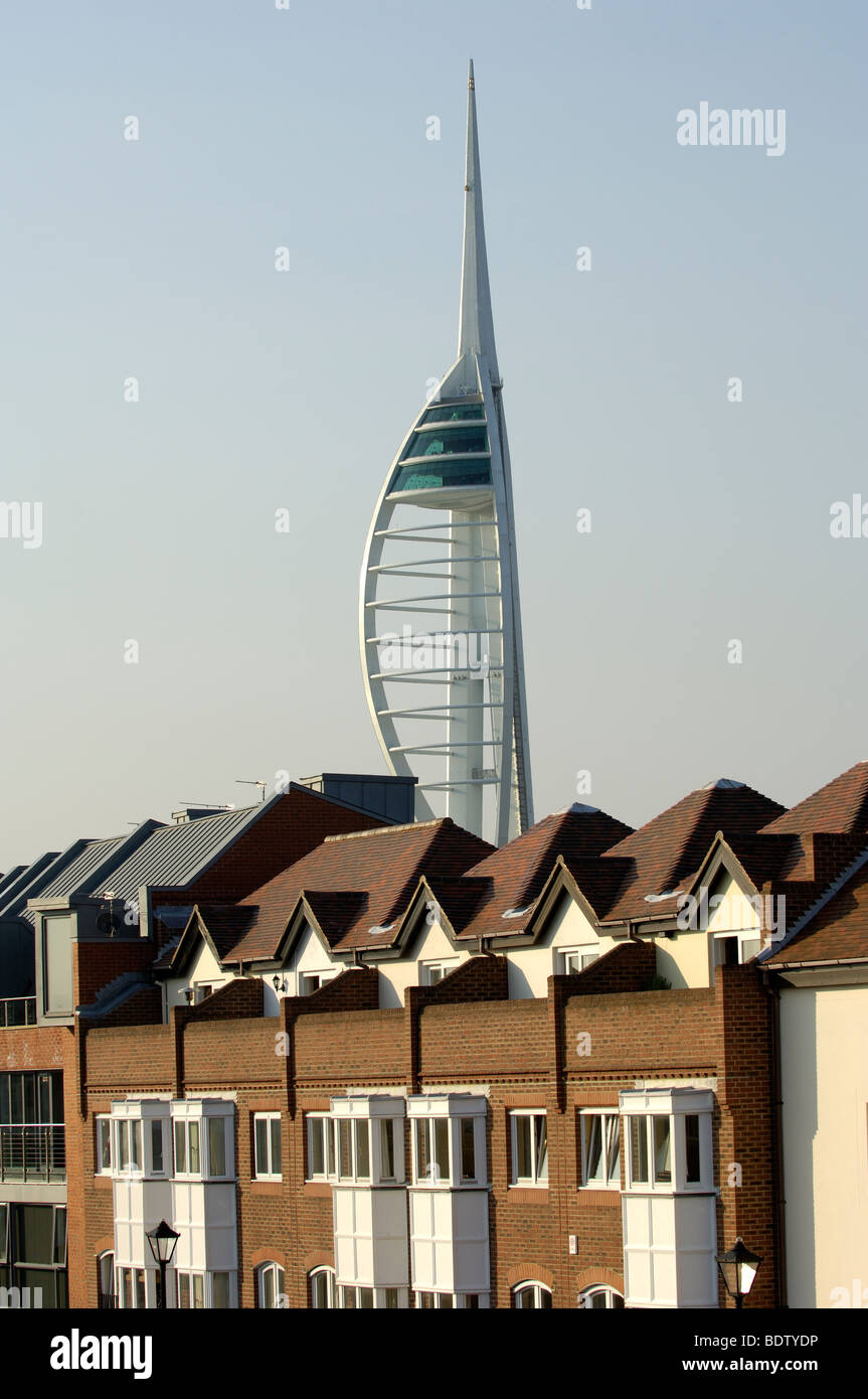 Spinnaker Tower rises above the housing in Broad Street, Spice Island, Old Portsmouth, Hampshire, England, UK. Stock Photo