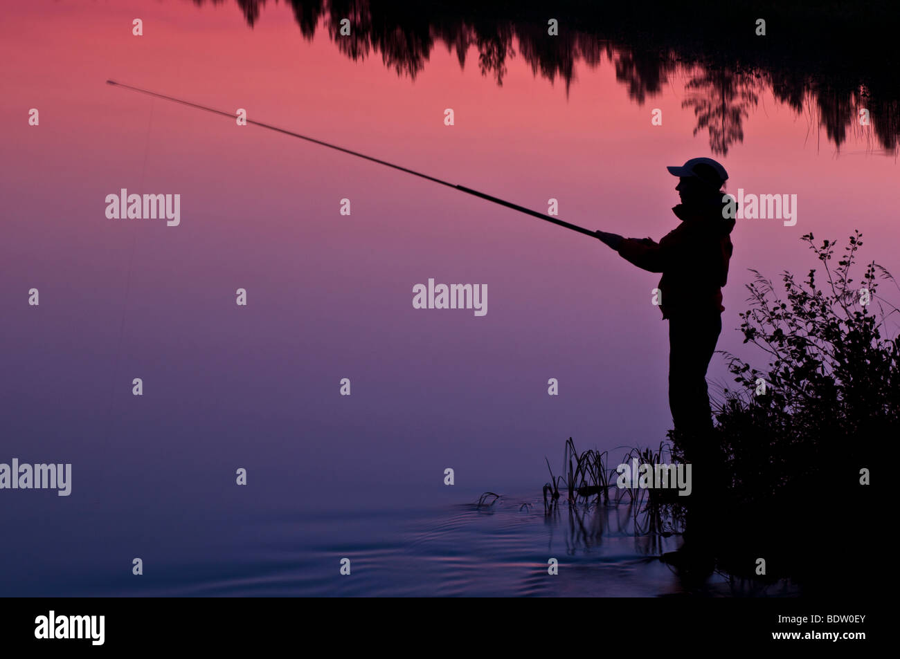 anglerin in abenddaemerung am see in lappland, schweden, female angler at sundwon at lake in swedish lapland Stock Photo