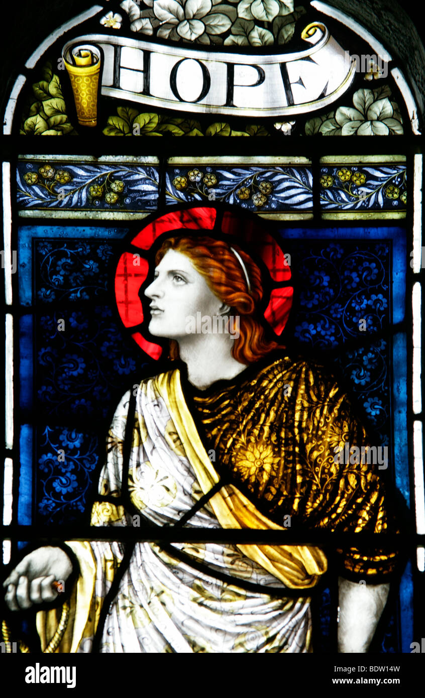 Stained glass window of 1885 by Powell & Sons (artist Henry Holiday)  depicting Hope, St Materiana's Church, Tintagel, Cornwall, England Stock Photo