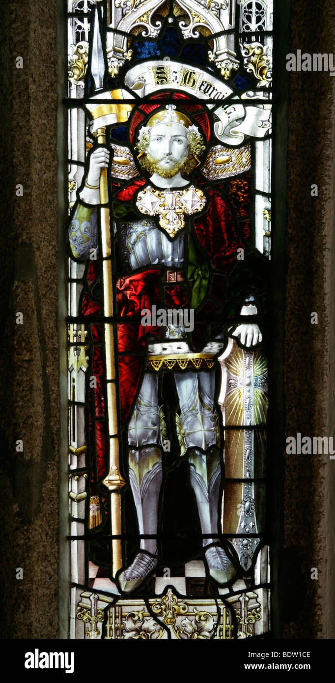 Stained glass window by Percy Bacon & Brothers depicting Saint George, Laneast Church, Cornwall (1902) Stock Photo