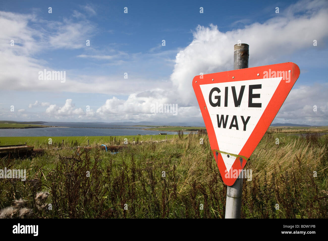 traffic sign, give way, mainland, orkney islands, scotland Stock Photo