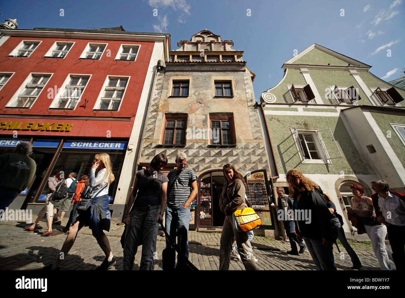 tourists shopping in the historic centre of Cesky Krumlov, Czech