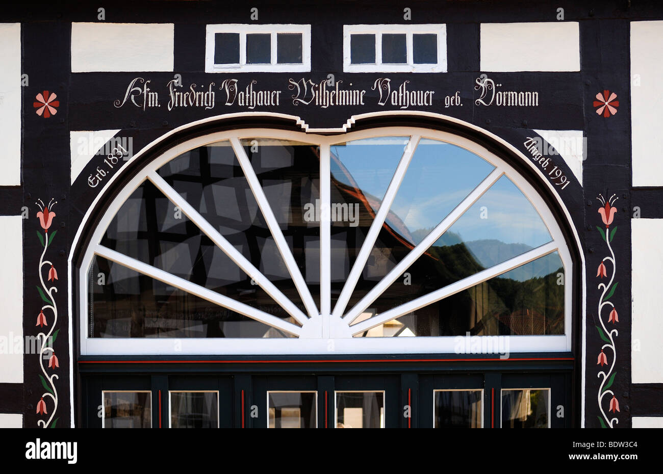 Entrance with inscription of a half-timbered house, 1831, Bad Essen, Lower Saxony, Germany, Europe Stock Photo