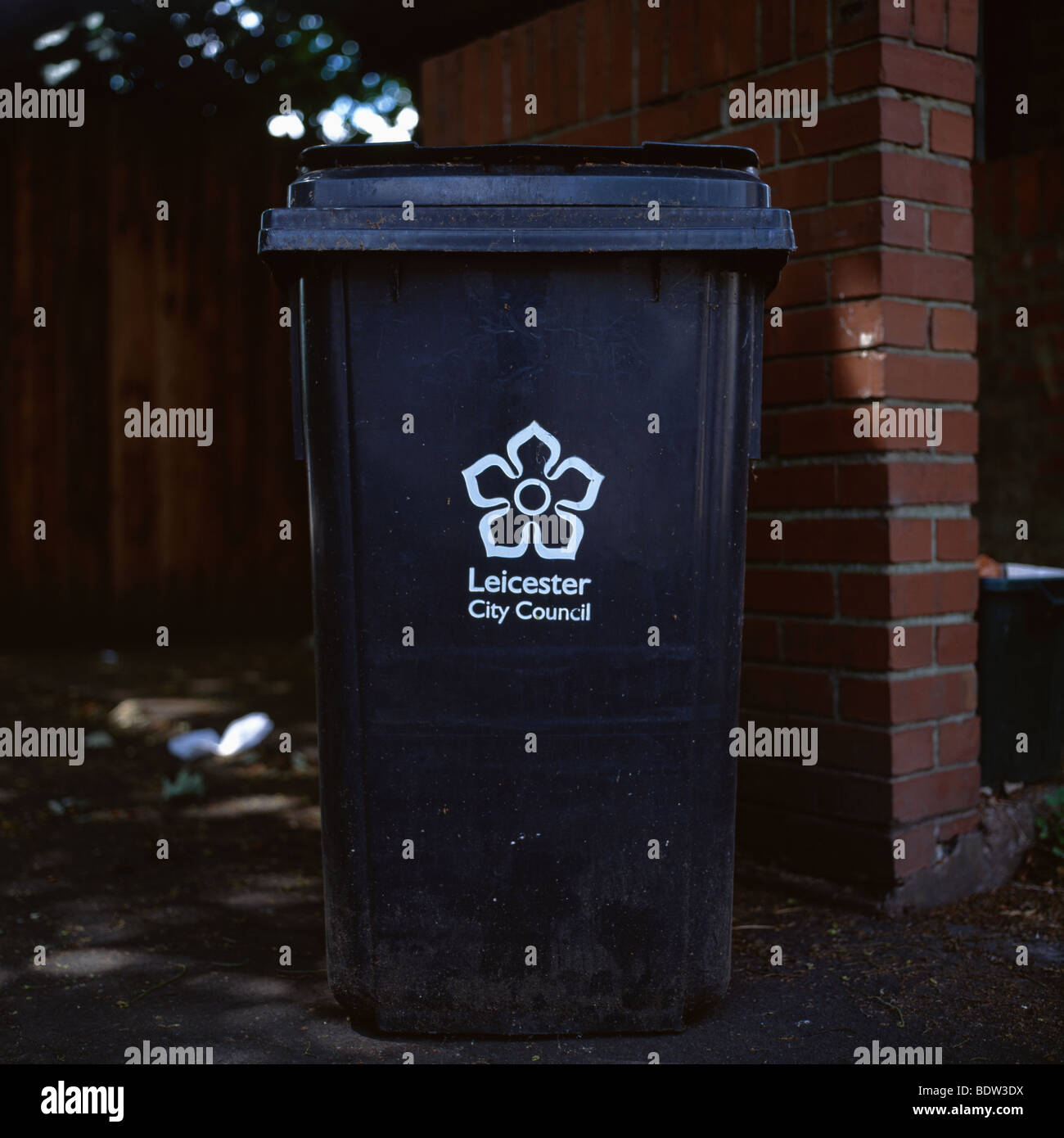 Leicester City Council wheelie bin. Stock Photo