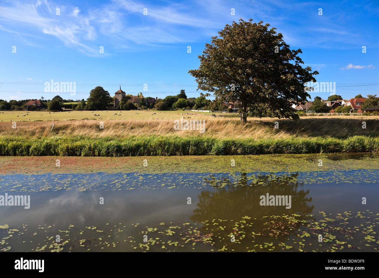 The village of Ruckinge, Kent seen across the Royal Military Canal on the Saxon Shore Way, Kent, UK Stock Photo