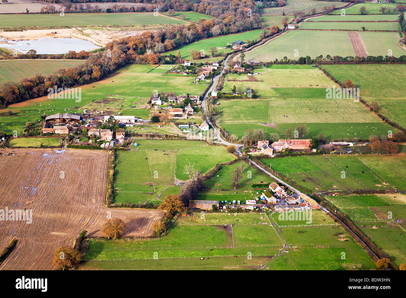 Aerial view of farms, farmland and fields. Border of Hampshire and Dorset. UK. Autumn colours. Stock Photo