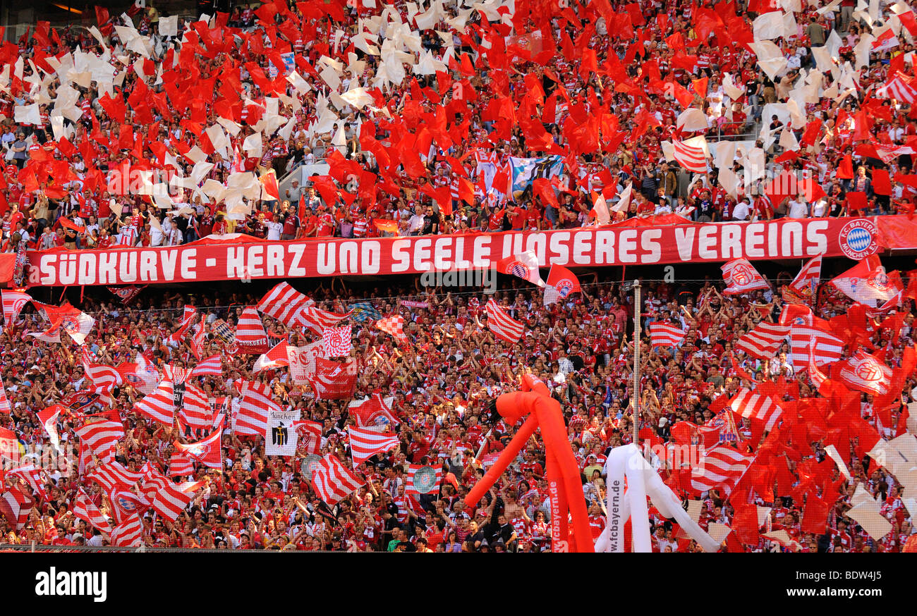 FC Bayern Muenchen fans, south bank of the Allianz Arena, Munich, Bavaria, Germany, Europe Stock Photo