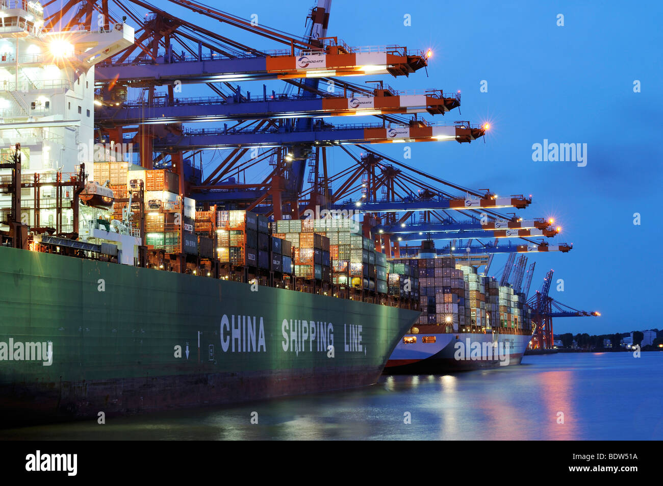 Container ship being loaded at Buchardkai Terminal, Hamburg, Germany, Europe Stock Photo